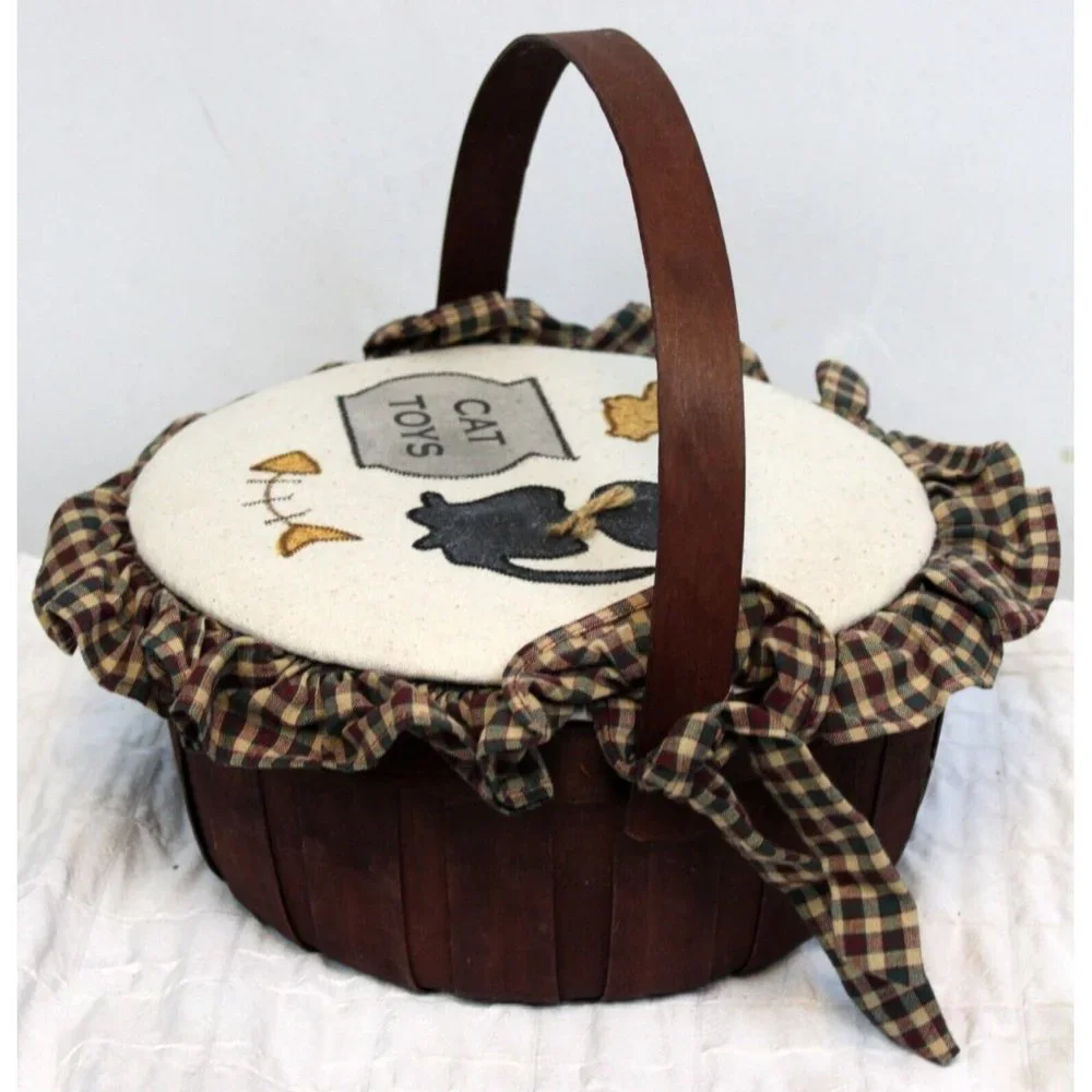 Cat Toys Cottage Core Granny Basket Storage Ruffle Applique Lid Farmhouse County